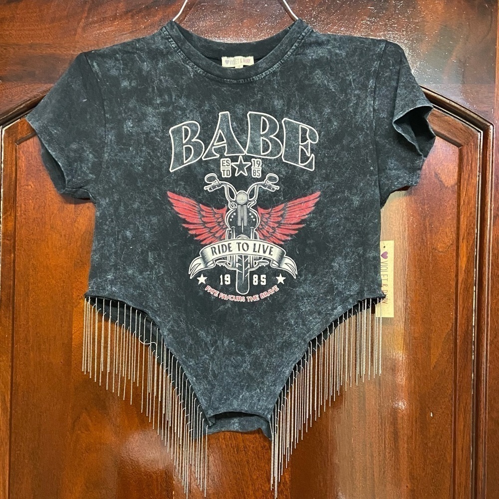 Violet & Ruby Black Graphic Tee with Metal Fringe Size S Moto Biker Grunge NWT